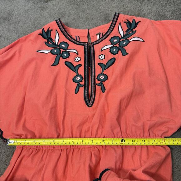 Free People Sophia Embroidered Romper Coral Orange Boho Floral Scalloped Large - Picture 10 of 15